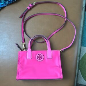 Tory Burch mini Ella tote nylon/leather like new bright pink.